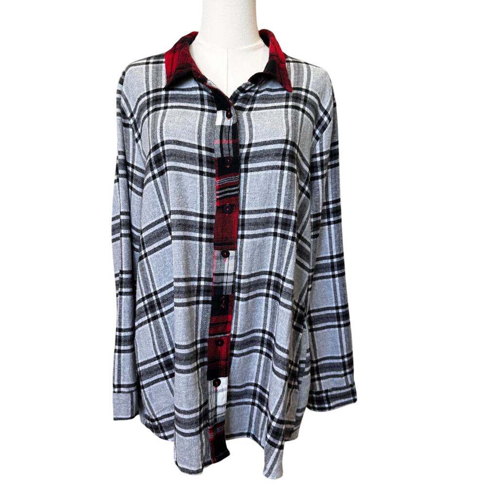 Tulip Mixed Plaid Button Down Tunic Top Shirt Size Large Cabincore, Y2K Cotton